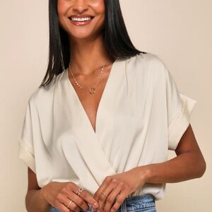 Lulus Posh Precision Champagne Satin Surplice Short Sleeve Bodysuit Beige